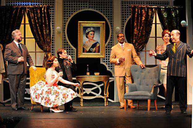 L-R Troy Johnson, Drew Benjamin Jones,, Michelle Skinner, Fred Pitts, Betsy Kruse Craig, and Ray D'Ambrosio in Palo Alto Players  One Man Two Guvnors.